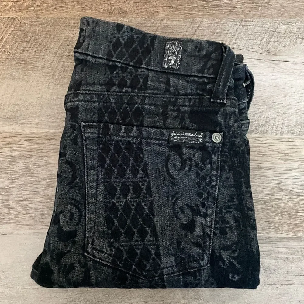 7 All Mankind Goth Victorian Print Black Skinny Jean 25 Low Rise Brocade Stretch